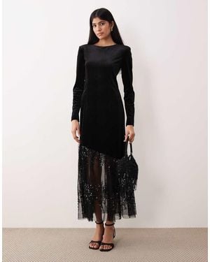 Y.A.S Long Sleeve Velvet Maxi Dress With Asymmetric Sequined Hem - Black