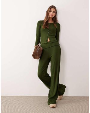 ASOS Pantalones Acanalados Con Cinturilla Plegada Y Detalle Fruncido De -Blanco - Verde