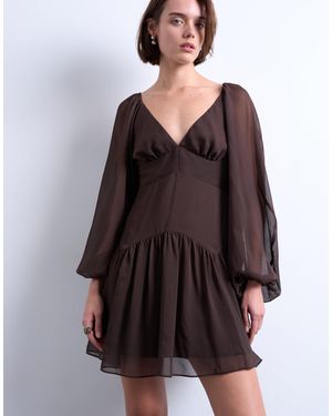 TOPSHOP Blouson Sleeve Mini Tea Dress - Brown