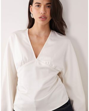 Gina Tricot Satin V Neck Long Sleeve Blouse - White