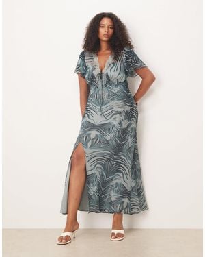 ASOS Asos Design Curve Lace Detail Flutter Sleeve Tie Front Midi Dress - Blue
