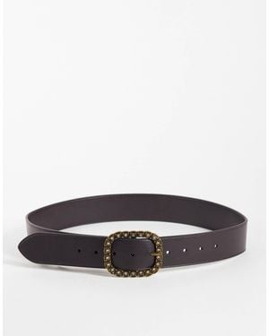 Hollister Faux Leather Belt With Rhinsetone Buckle - Grey