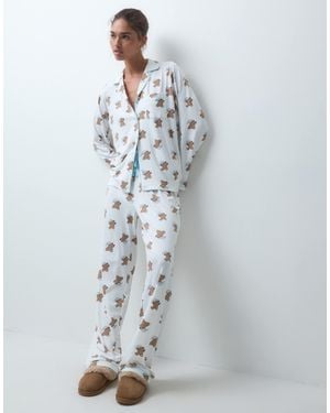 Loungeable Christmas Rever Button Up Shirt And Trouser Pyjama Set - White