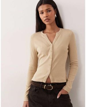 Threadbare Long Sleeve Button Through Ribbed Top - Natural