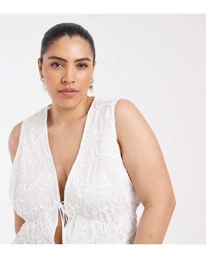 Vero Moda Floral Embroidered Tie Front Peplum Hem Blouse - White