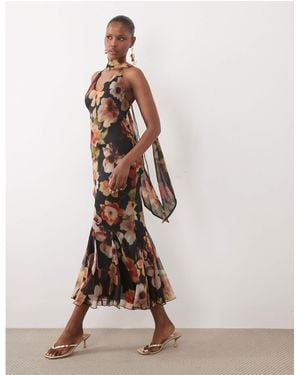 ASOS Bias Plunge Cami Dress With Full Godets And Scarf Detail - Natural