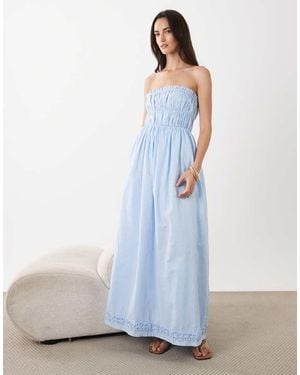 SNDY'S Linen Blend Bandeau Shirred Detail Maxi Dress - Blue