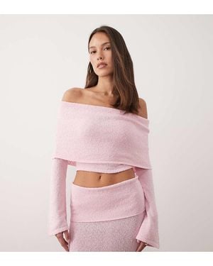 Wanderdoll Yasmin Off The Shoulder Bouclé Knit Dramatic Foldover Flared Sleeves Top - Pink