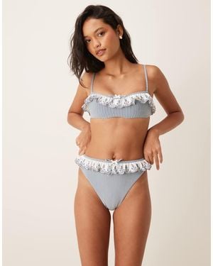 For Love & Lemons Embroidered Anchor Textured Bikini Bottoms - Blue