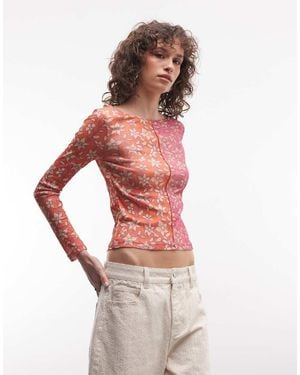 Reclaimed Vintage Slash Neck Spliced Floral Print Long Sleeve Top - Pink