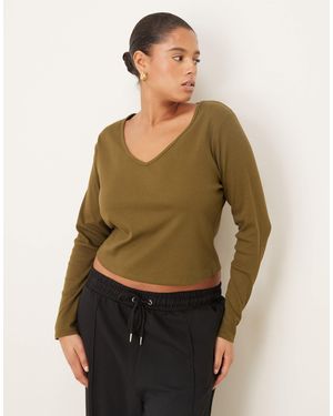 ASOS Asos Design Curve Rib V Neck Long Sleeve Top - Green