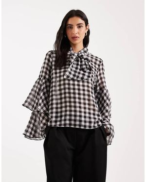 Vero Moda Tie Neck Gingham Blouse With Tiered Cuffs - Black