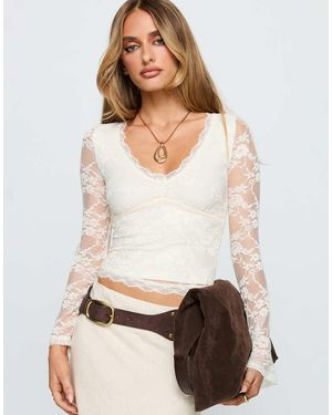 Princess Polly Top Con Cuello De Pico, Ribete Festoneado Y Mangas De Encaje Transparente Pitter De -Blanco