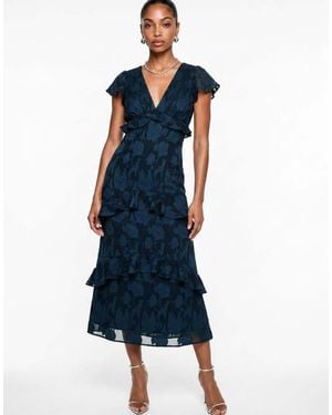 ANAYA Floral Burnout V Neck Ruffle Midi Dress - Blue