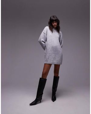 TOPSHOP Knitted Oversized Crew Mini Dress With Exposed Seam Detail - Grey