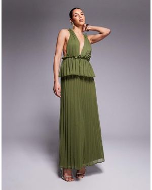 ASOS Pleated Plunge Midi Dress With Peplum - Green