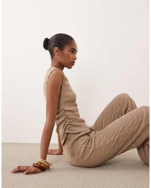 Brave Soul Co-Ord Asymmetric Textured Top With Gathered Waist Detail - Brown