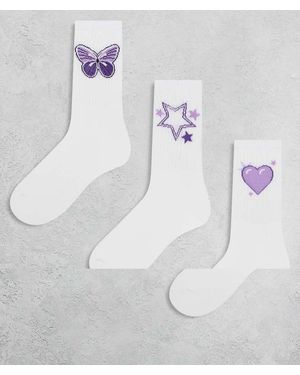 Pieces Pack De 3 Pares De Calcetines Tobilleros Blancos Con Bordados Morados De