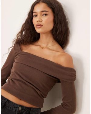 ASOS Long Sleeve Off Shoulder Rib Top With Fold Over Detail - Brown