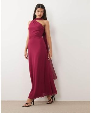 TFNC London Bridesmaid Chiffon One Shoulder Twist Waist Draped Maxi Dress - Red