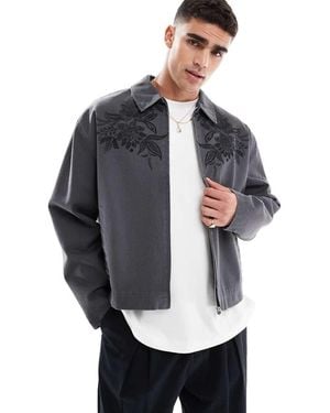 ASOS Recht Oversized Harrington Jack Met Borduursel Op De Borst - Grijs