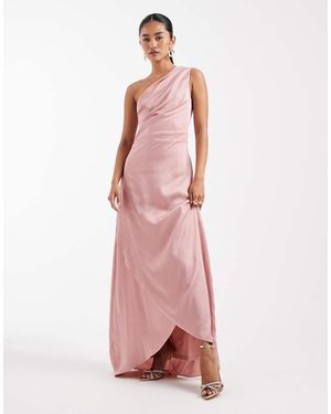 TFNC London Bridesmaid Satin One Shoulder Wrap Skirt Maxi Dress - Pink
