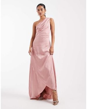 TFNC London Bridesmaid Satin One Shoulder Wrap Skirt Maxi Dress - Pink