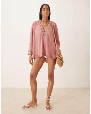 ASOS Crinkle Plunge Neck Eyelet Beach Sundress - Pink