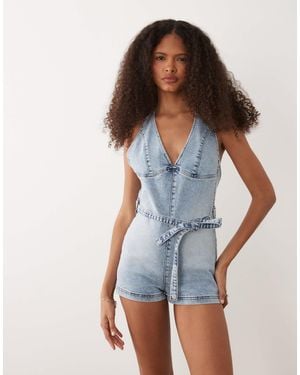 Miss Selfridge Plunge Tie Waist Playsuit - Blue