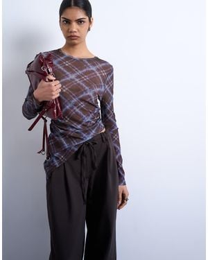 TOPSHOP Check Print Asymmetric Long Sleeve Top - Multicolour