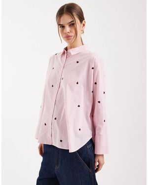 ONLY Boxy Shirt With Heart Embroidery - Pink