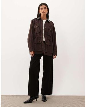 GOOD AMERICAN Faux Leather Collar Field Jacket - Brown