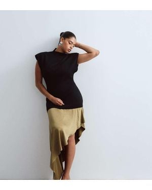 ARRANGE Curve Hybrid Knit Maxi Dress With Asymmetric Satin Underlayer - White