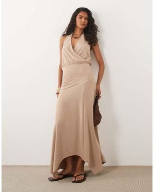 ASOS Halter Neck Hanky Hem Midi Dress - Natural