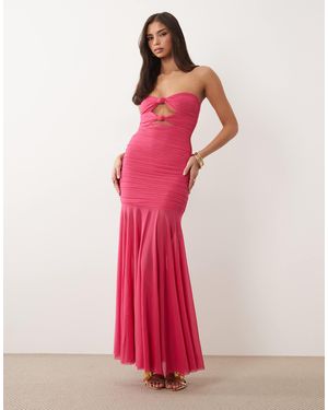 Ruched & Ready Sculpted Mesh Strapless Cut Out Knot Detail Sheer Hem Maxi Dress - Pink