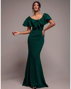 Goddiva Cape Sleeve Detail Front Tie Maxi Dress - Green