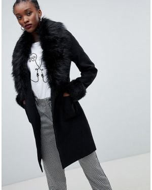New Look Faux Fur Trim Coat - Black