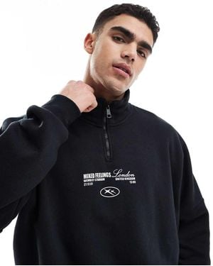 Bershka Felpa Nera Con Zip Corta, Profili A Contrasto E Stampa Sul Retro - Blu