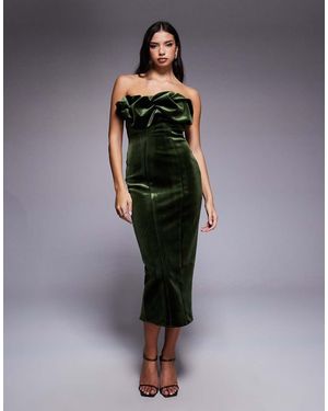 ASOS Bonded Velvet Bandeau Structured Midi Dress With Ruffle Bodice Detail - Green