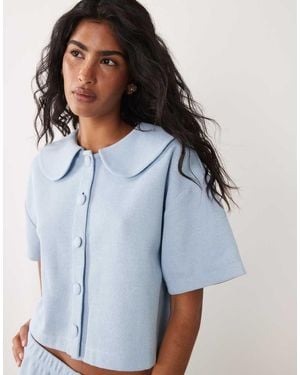 Miss Selfridge Short Sleeve Button Through Top With Peter Pan Collar - Blue
