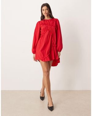 Ghospell Textu Cotton Blend Asymmetric Ruched Detail Mini Dress - Red