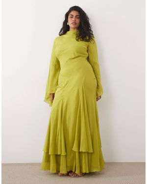ASOS Asos Design Curve Long Sleeve High Neck Maxi Dress With Ruffle Godets And Flute Sleeves - Green