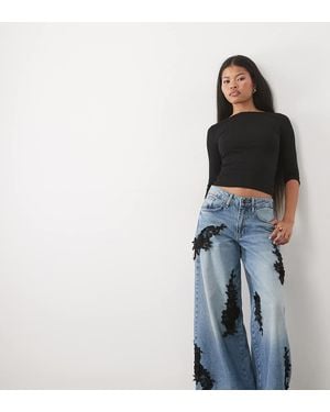 River Island Floral Applique Baggy Fit Jeans - Blue