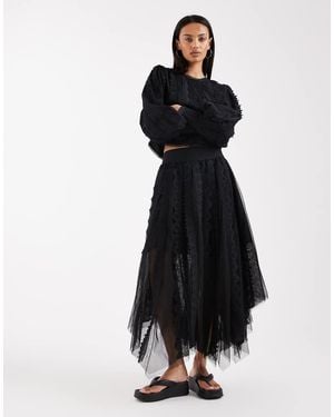 AllSaints Vashtie Asymmetric Tulle Ruffle Midi Skirt - Black