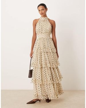 LACE & BEADS Tulle Tiered High Neck Maxi Dress - Natural