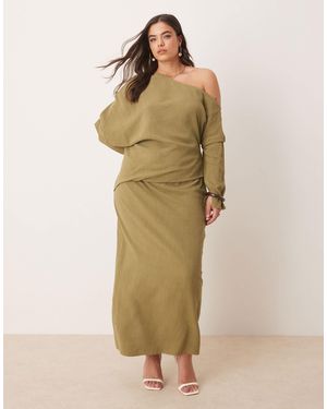 ASOS Asos Design Curve Linen Asymmetric Fallen Shoulder Long Sleeve Midi Dress - Natural