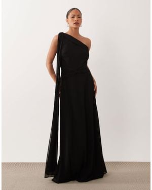 TFNC London Chiffon One Shoulder Twist Waist Draped Maxi Dress - Black
