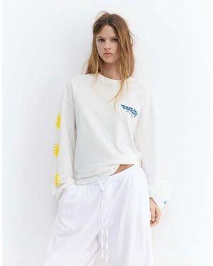 Pull&Bear Long Sleeve Sun Graphic T-Shirt - White
