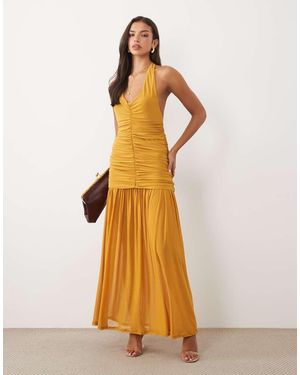 ASOS Halter Neck Ruched Maxi Dress With Sheer Skirt - Natural