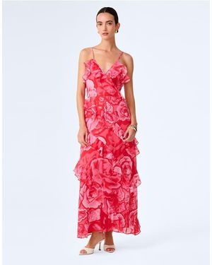 OMNES Dresses Missy Chiffon Floral Midi Dress With Ruffles - Red